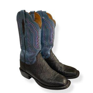 Lucchese Cowgirl Boots 9B Women's Ostich Black Blue Handmade Purple Stitching